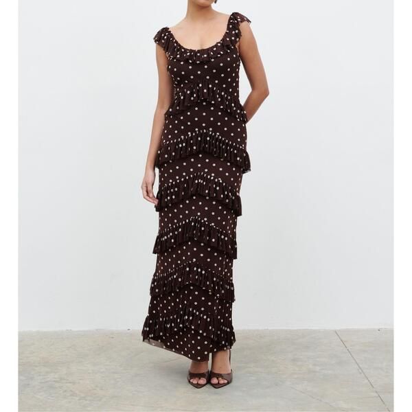 プリティラヴィッシュ レディース トップス ワンピース フリル メッシュ マキシ Pretty Lavish Womens Cecile Ruffle Mesh Maxi Dress BrownCre