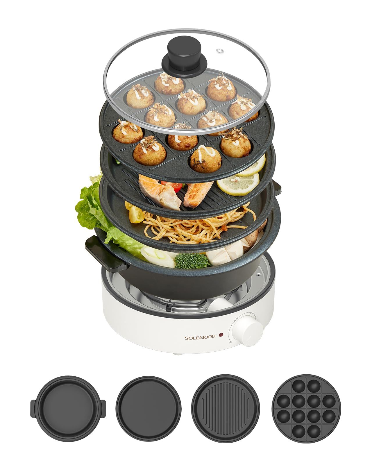 SOLEMOOD電気鍋 1.8L着脱式電気グリル鍋 一人暮ら 27cmの大直径電気鍋で たこ焼き器 ホットプレート 1台4役 800W 深鍋 焼肉 しゃぶしゃぶ お好み焼き 簡単洗浄のフッ素コーティング 3段の火力調節 日常や車、野外、キャン 76b3e24d