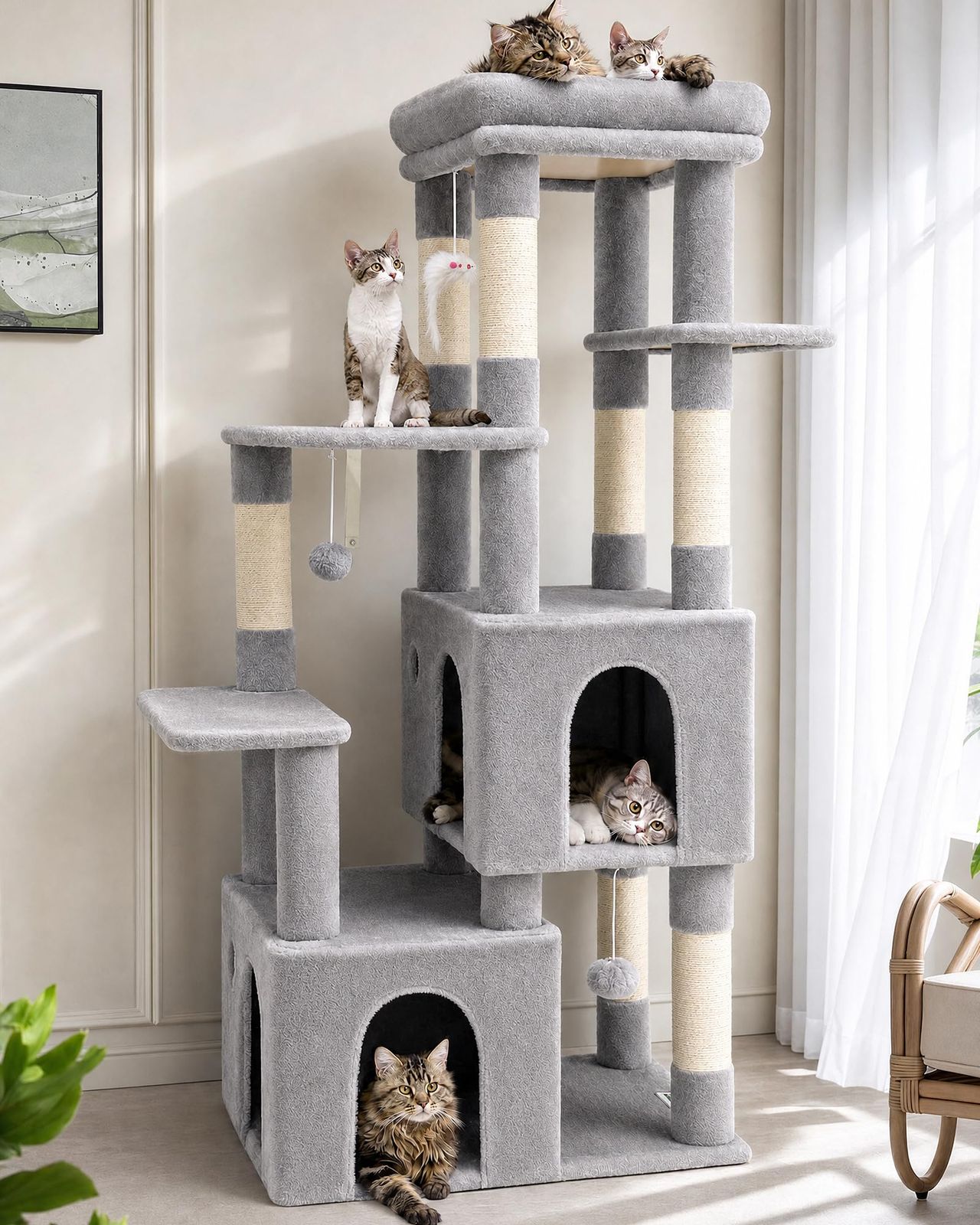Globlazer F61 キャットタワー 大型猫用 多頭飼い 据え置き 多機能 付き ハンモック 見晴台 強い安定性 簡単に登れる ライトグレー | 据え置き 猫タワー 付き 2つ大型キャットハウス 展望台 ハンモック 7つ天然麻紐爪とぎポ d2e70ec1