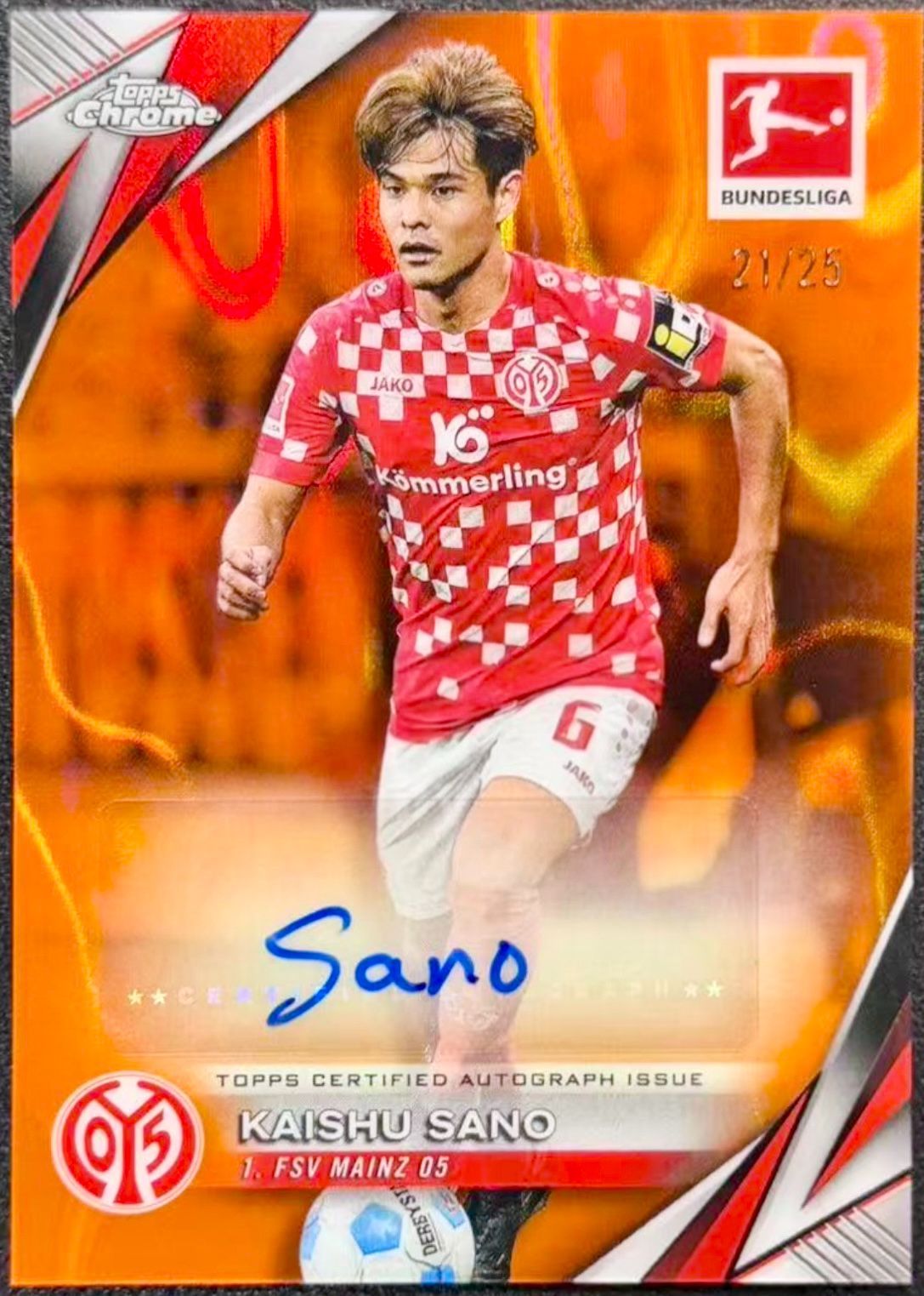 【8/25まで出品】【25枚限定】佐野海舟 Kaishu Sano Topps Chrome Bundesliga 2024-25 /25 Orange Lava Refractor Auto サイン 直筆 Mainz