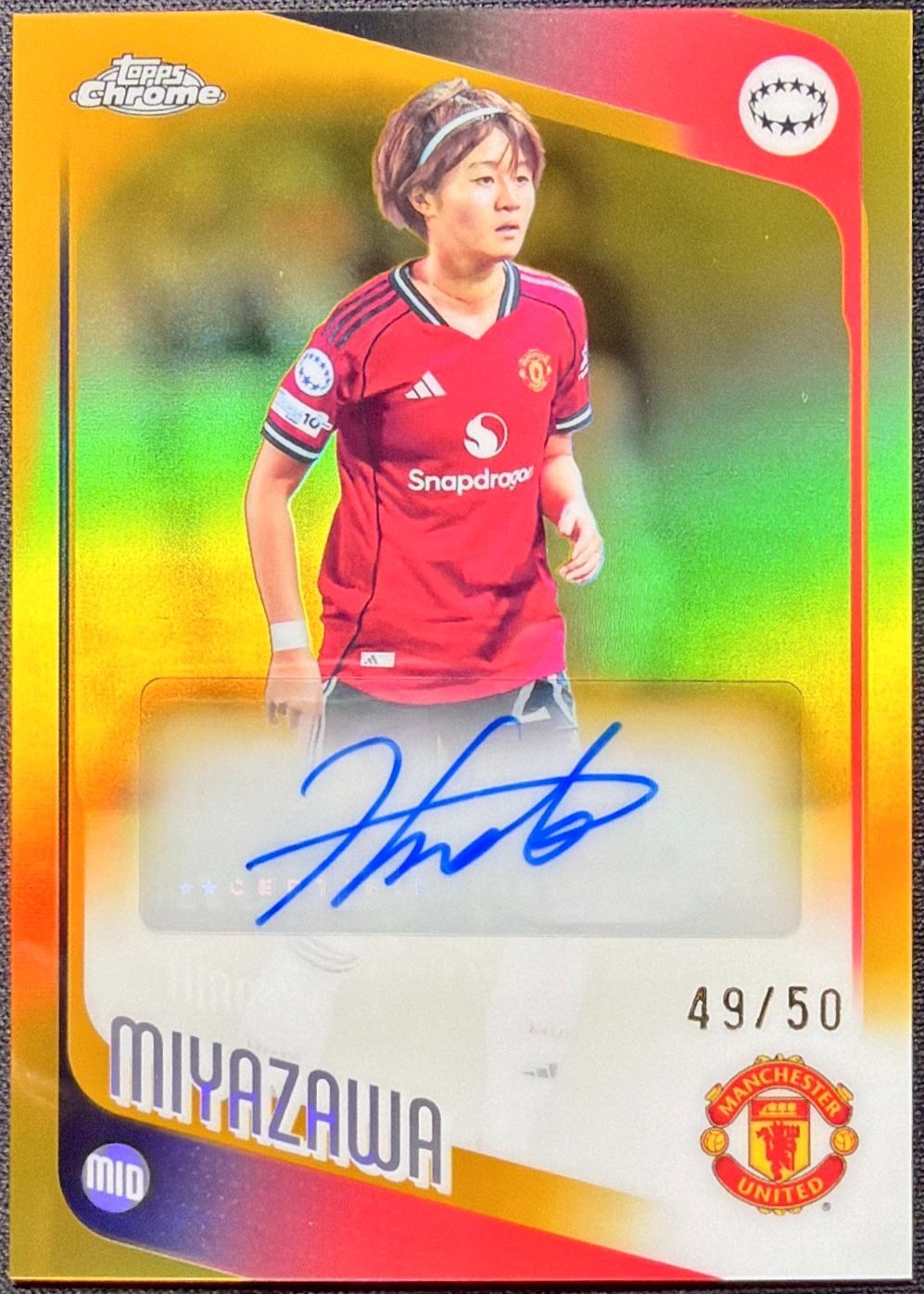 【8/25まで出品】【50枚限定】宮澤ひなた Hinata Miyazawa Topps Chrome UWCL 2025-26 /50 Gold Refractor Auto サイン 直筆 Manchester United