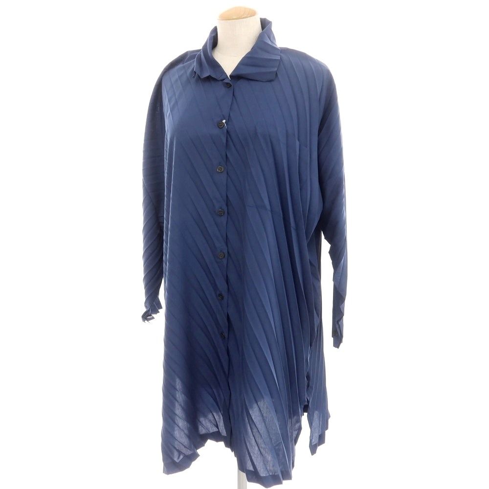 【中古】ミー イッセイミヤケ me ISSEY MIYAKE 2025年春夏 プリーツ 長袖 ロング カジュアルシャツ ライトネイビー【サイズ表記なし（M位）】【レディース】