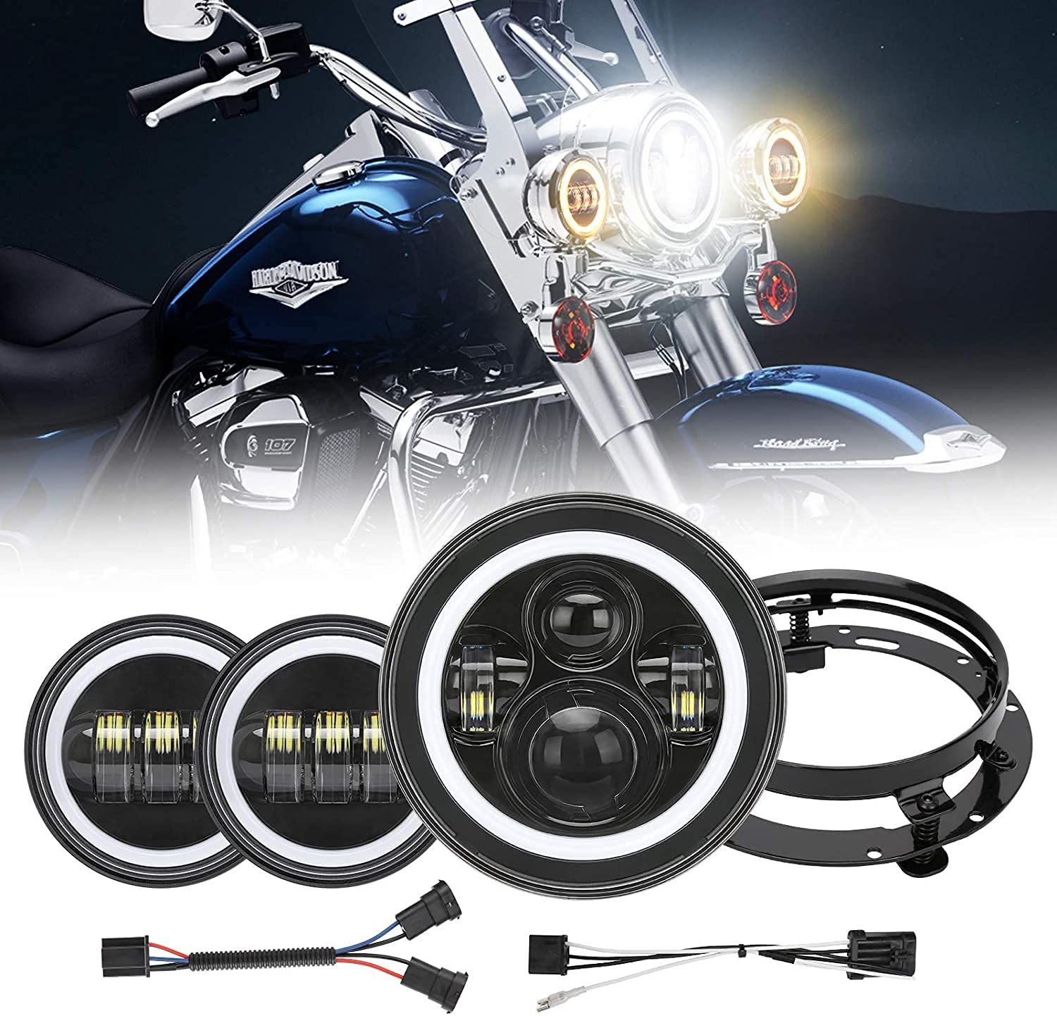 新品 7インチ led ヘッドライトリング付き ハーレーダビッドソン用 4.5インチフォグランプ Hi/Lo切替型 LED補助灯 ヘッドランプキット 7インチステーブラケット付き ブラック 13,040円