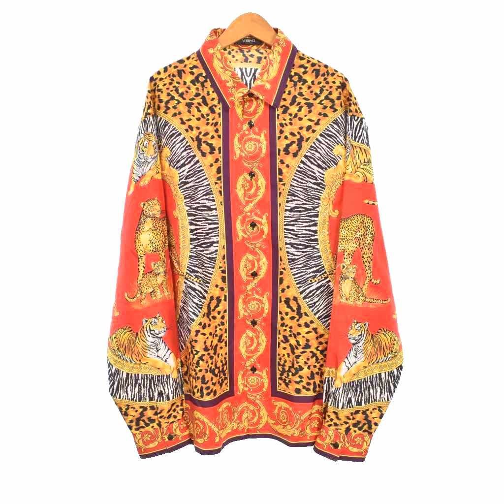 ヴェルサーチ ヴェルサーチェ VERSACE シルク シャツ ワイルドキャッツ 長袖 総柄 開襟 オープンカラー 52 赤 レッド 1019438 ☆AA★