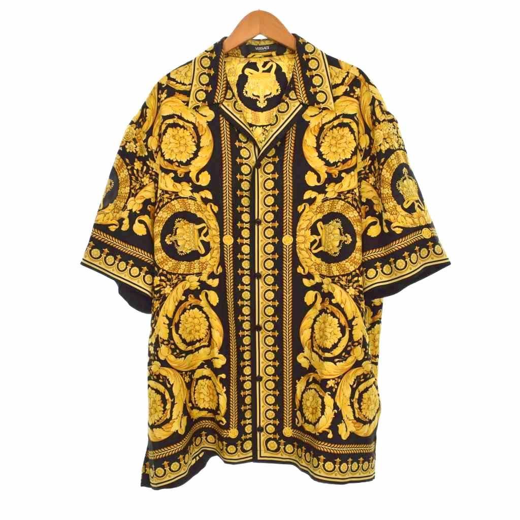 ヴェルサーチ ヴェルサーチェ VERSACE シルク シャツ バロッコ 半袖 総柄 開襟 オープンカラー 52 黒 ブラック 1003926 ☆AA★
