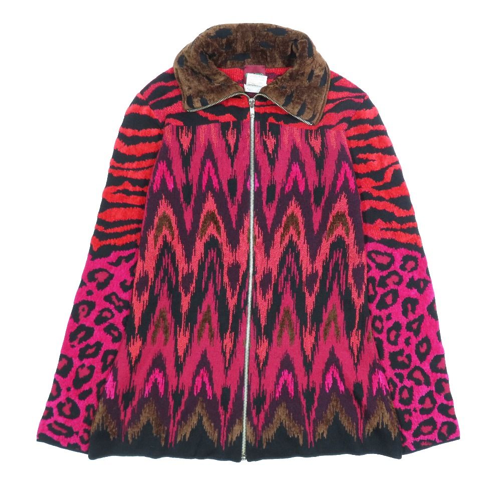 美品 KENZO ケンゾー ヴィンテージ 3072171 14509LL アニマル柄 ジップアップ ニットジャケット ブルゾン L ピンク レッド レディース 古着 中古 USED