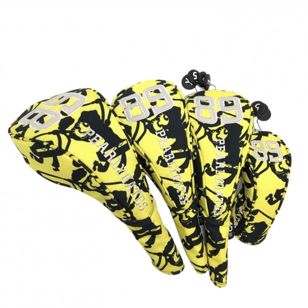 【美品】パーリーゲイツ×スポンジボブ ヘッドカバー4点セット(DR FW×2 UT) イエロー×ネイビー 総柄 マグネット式 ゴルフ PEARLY GATES