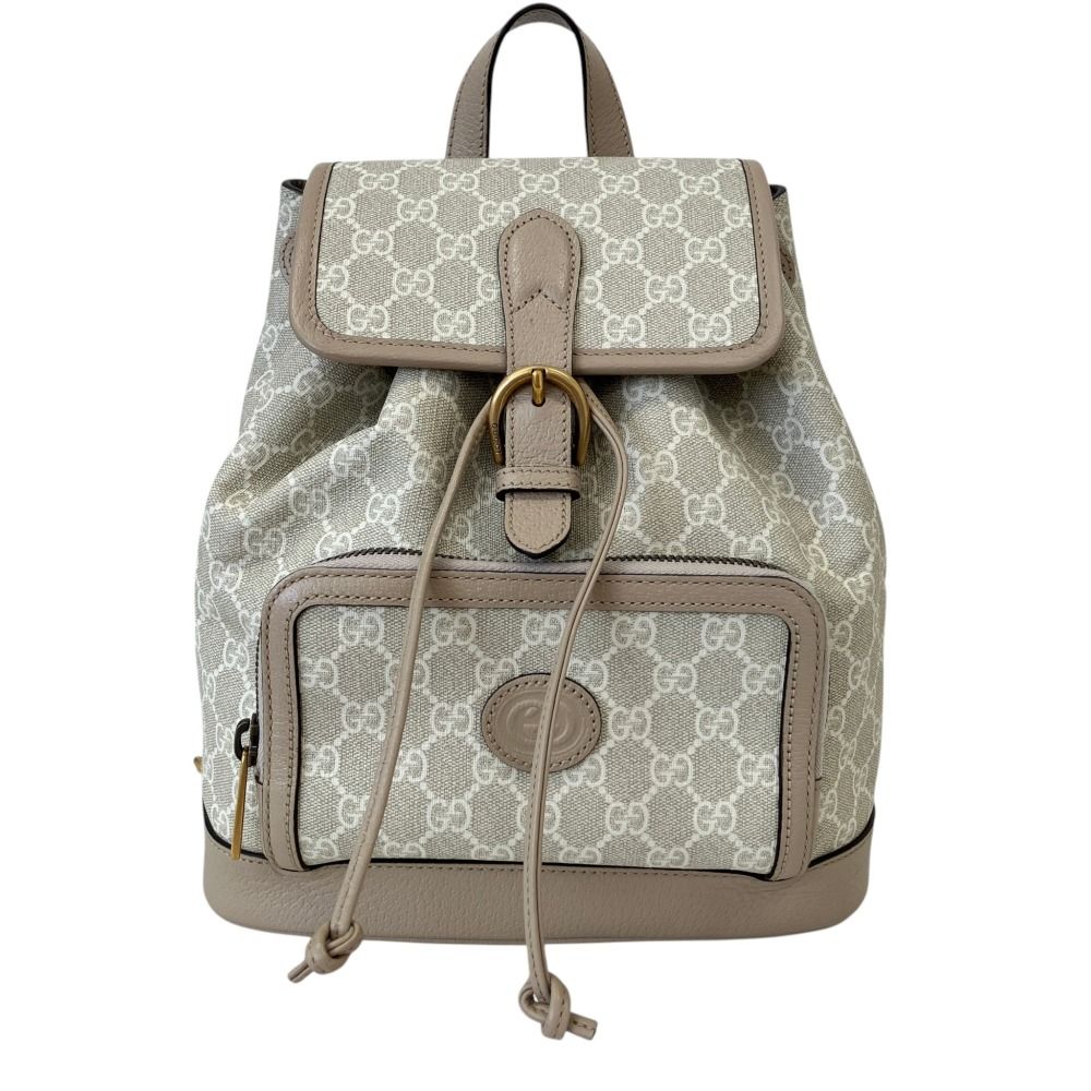 美品 GUCCI グッチ GGスプリーム インターロッキングG リュックサック デイパック 674147 グレー グレージュ レディース 古着 中古 USED