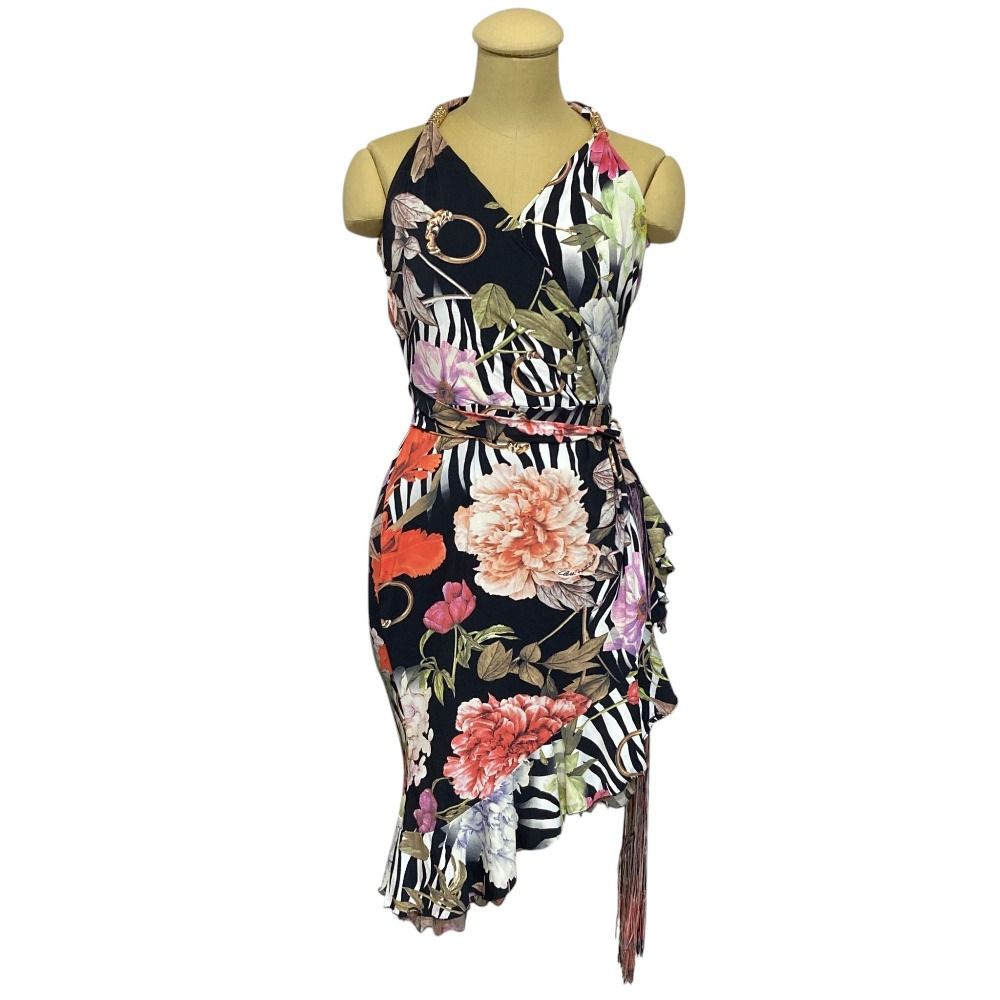 美品 Roberto Cavalli ロベルトカヴァリ フラワープリント ドレープワンピース サイズ40 マルチカラー レディース 古着 中古 USED