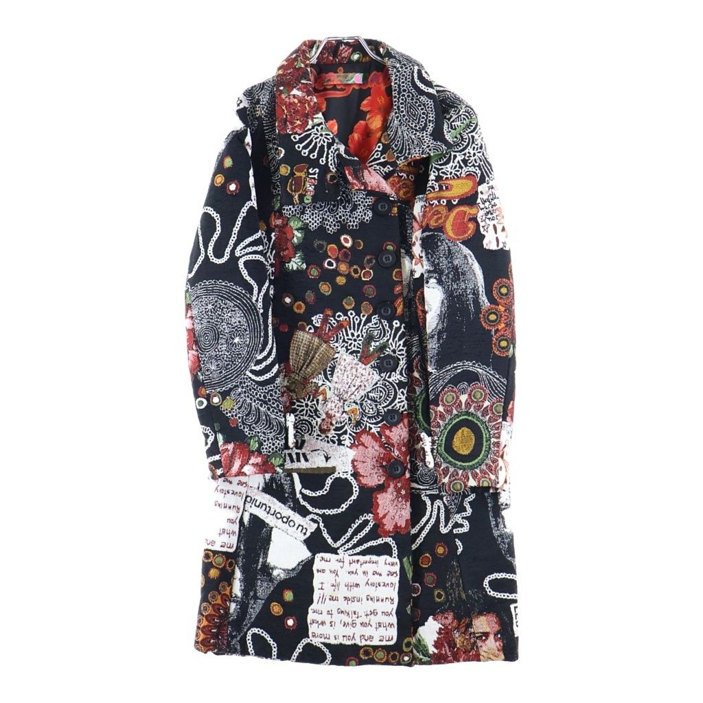 Desigual (デシグアル) 小ブラン織 フラワー デザインロングコート ブラック×マルチカラー