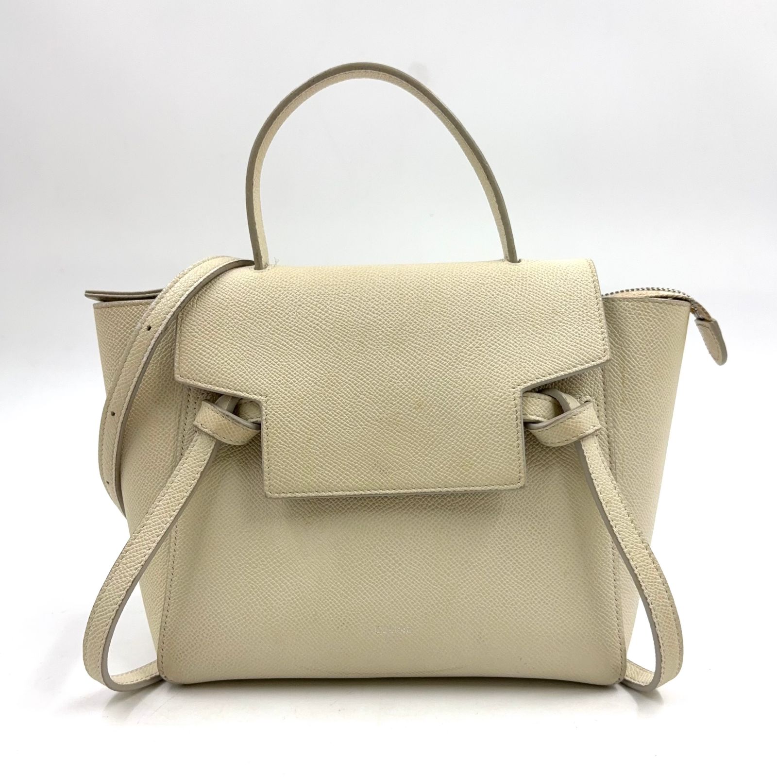 【新着】CELINE ベルトバッグ ナノ 2WAY グレインレザー オフホワイト ハンドバッグ シルバー