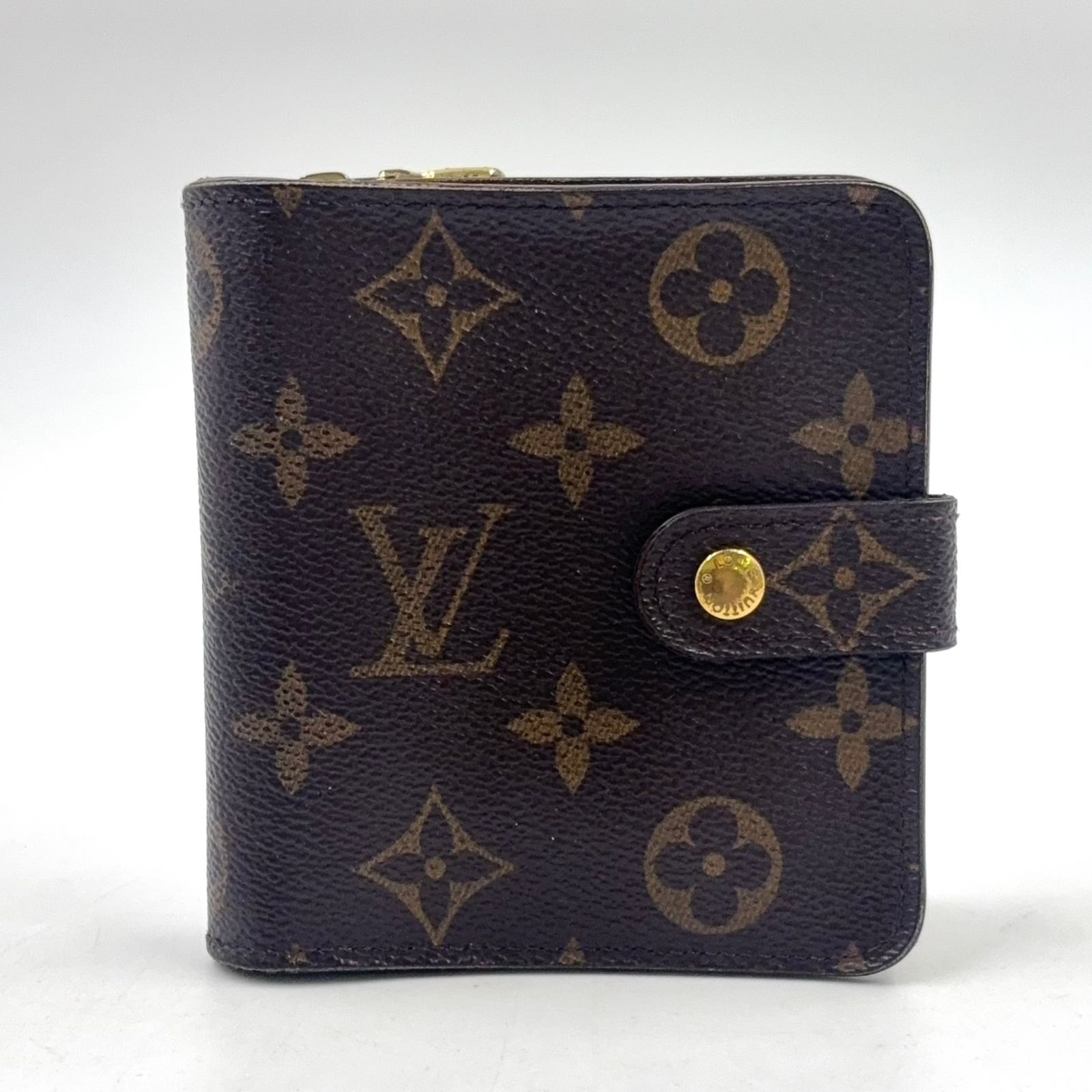 【新着】LOUIS VUITTON コンパクトジップ モノグラム レザー PVC ブラウン 二つ折り財布 ゴールド M61667
