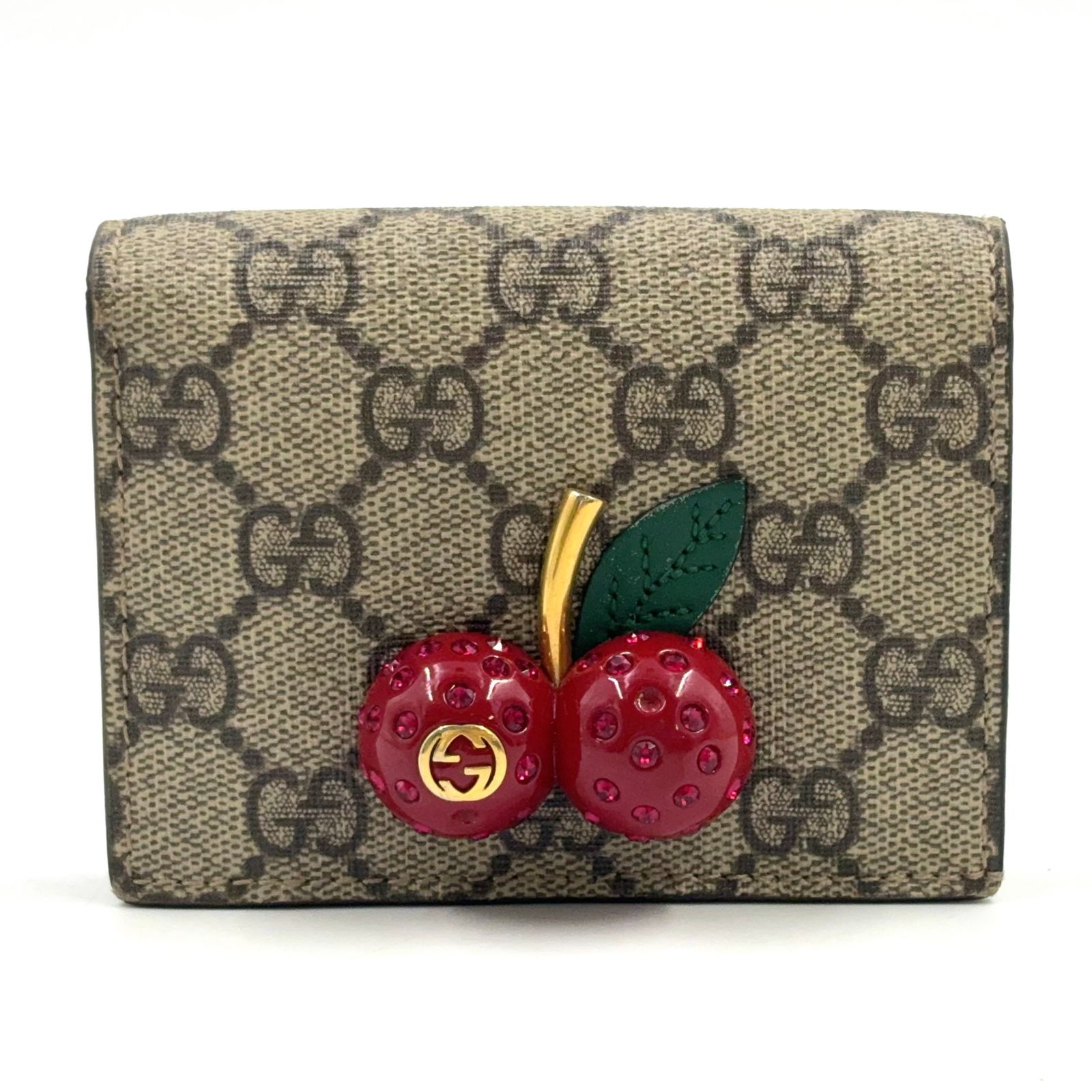 【新着】GUCCI GGスプリーム コンパクトウォレット レザー PVC ベージュ レッド 二つ折り財布 ゴールド 476050