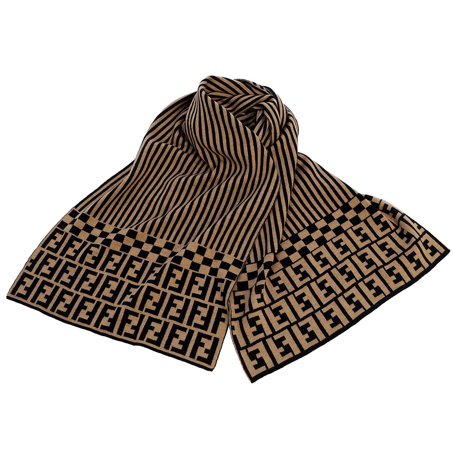 FENDI ズッカ×ペカン柄(細目縦ストライプ)　ウール マフラー　タグ付き