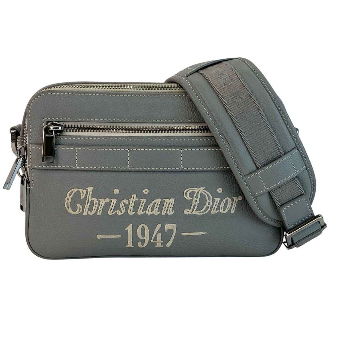 Christian Dior クリスチャンディオール シグネチャー サファリ ロゴ　刺繍 ショルダーバッグ メンズ レザー グレー 中古