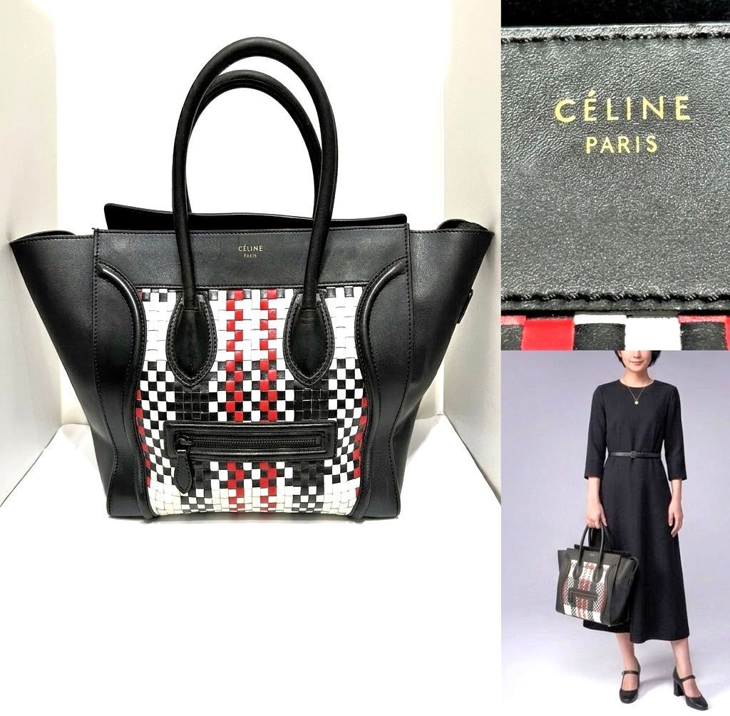 限定　レア　CELINE セリーヌ　ラゲージ　ミディアム ショッパー イントレチャート　レザー ハンドバッグ　ブラック　マイクロ チェック Celine Multicolor Woven Leather Medium Phantom Luggage Tote