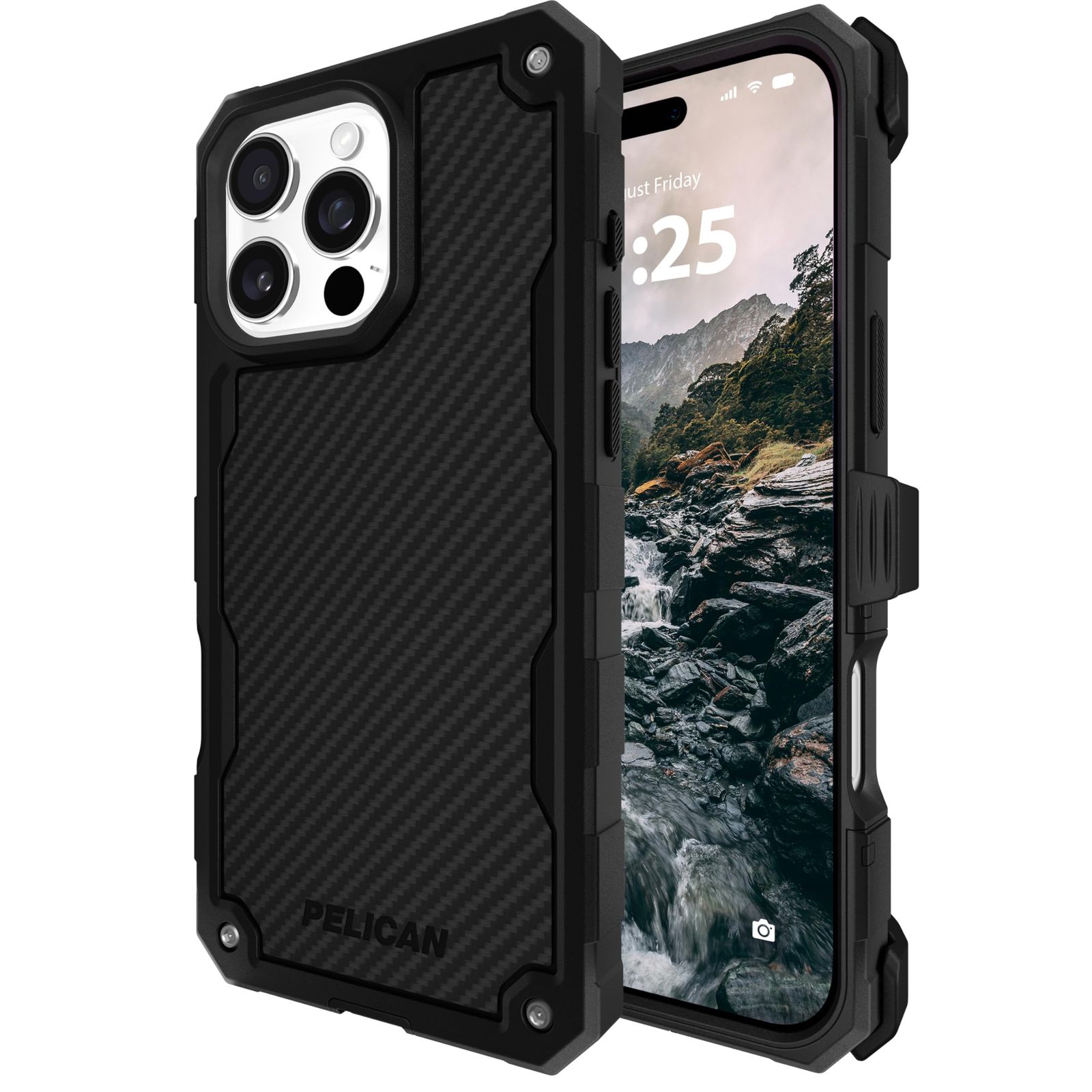 Pelican Shield iPhone 16 Pro Max ケース [MagSafe対応] 頑丈なスマホケース 21フィートの軍用グレードの落下保護 - iPhone 16 Pro Max用ベルトクリップホルスター付き高耐久電話カバー - カーボン