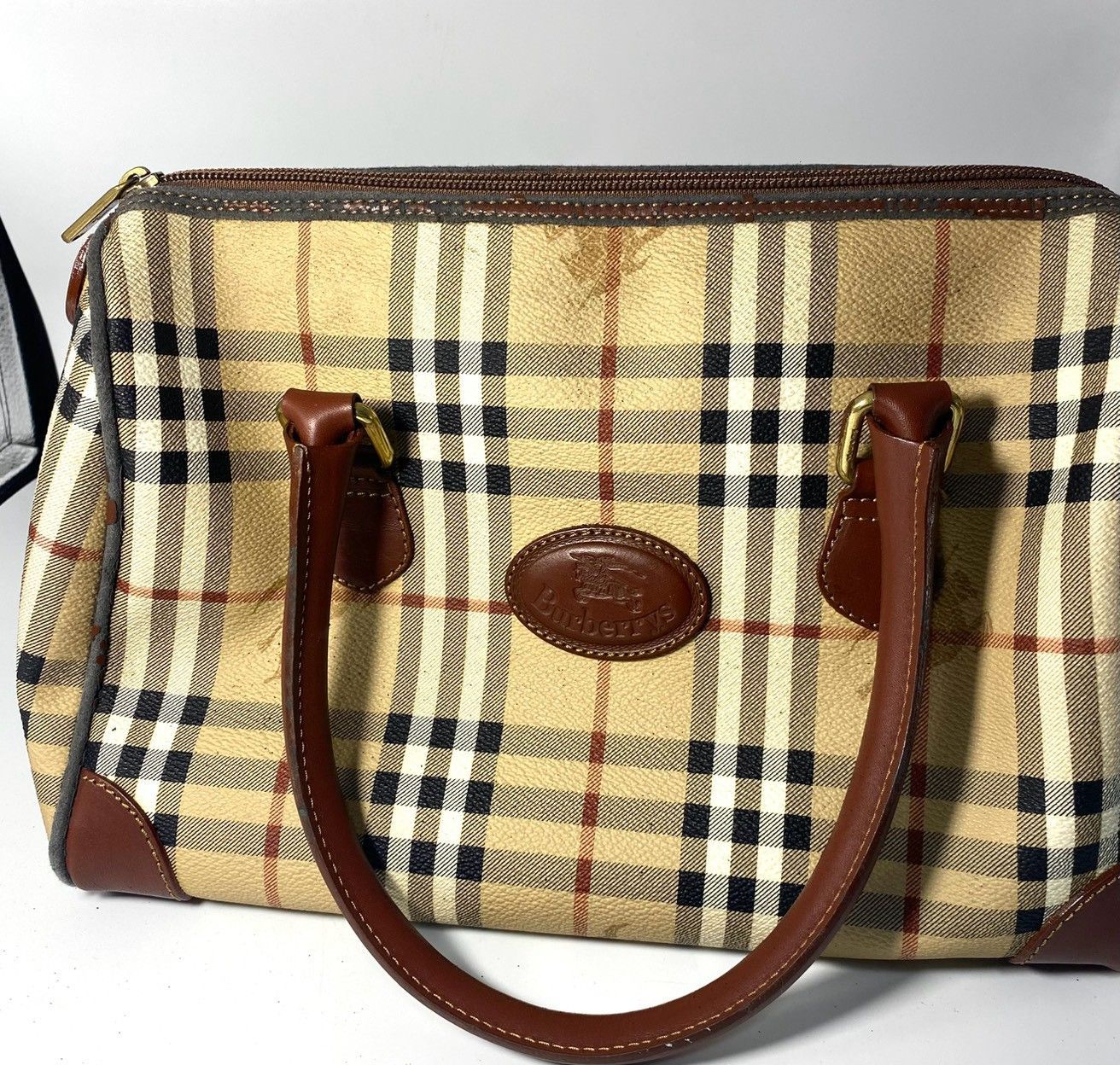 バーバリー Burberrys ミニボストンバッグ ハンドバッグ トートバッグ ノバチェック シャドーホース ホースマーク PVC レザー 本革 ベージュ ブラウン 茶 ゴールド金具 イタリア製 オールドバーバリー ヴィンテージ ビンテージ