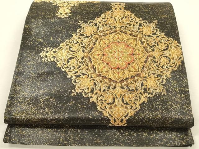 平和屋本店▼太鼓柄袋帯　唐織　花菱文　黒地　本金箔　正絹　逸品　DABI5834op 10,602円