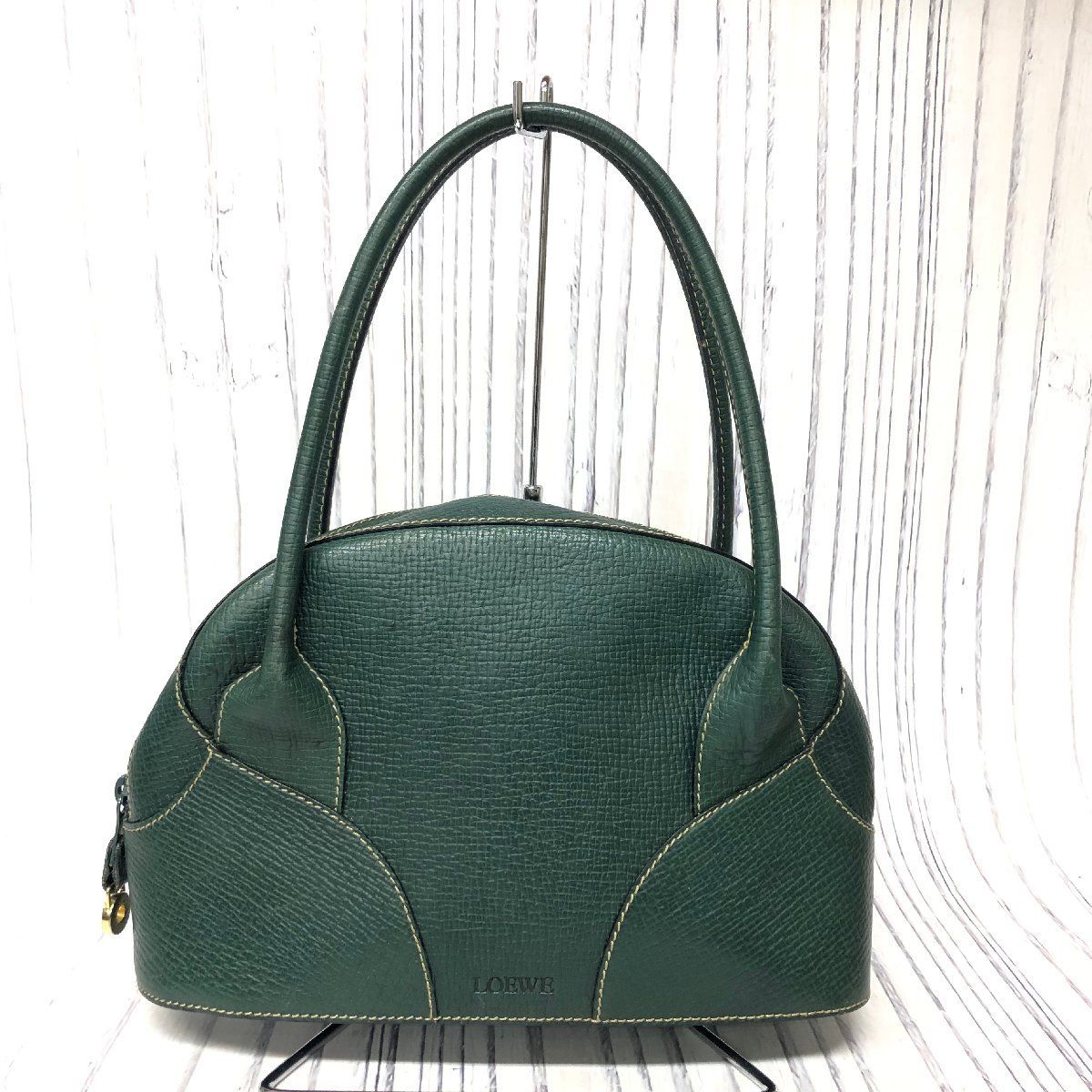 m001 X ロエベ LOEWE ヴィンテージ レザー ショルダーバッグ ハンドバッグ グリーン ゴールド金具