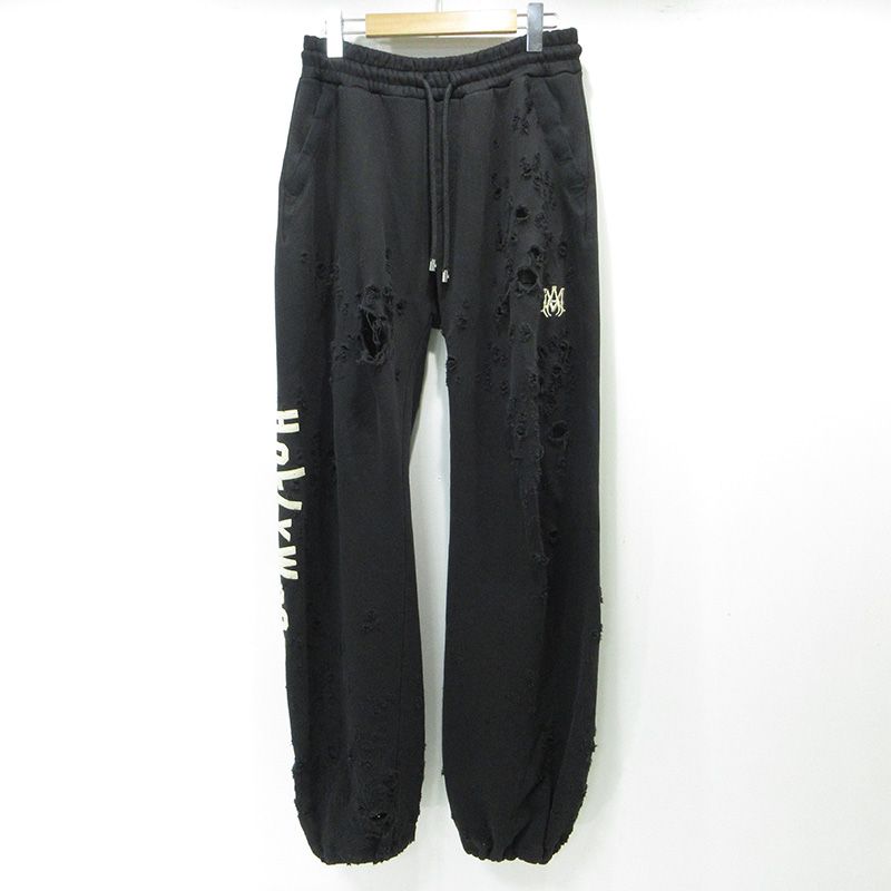 【三重本店】 中古 AMIRI | アミリ パンツ DESTROYED SWEATPANTS デストロイドスウェットパンツ ロゴ刺繍 ダメージ加工 AMJYSP1031 ブラック サイズ:S 【108】