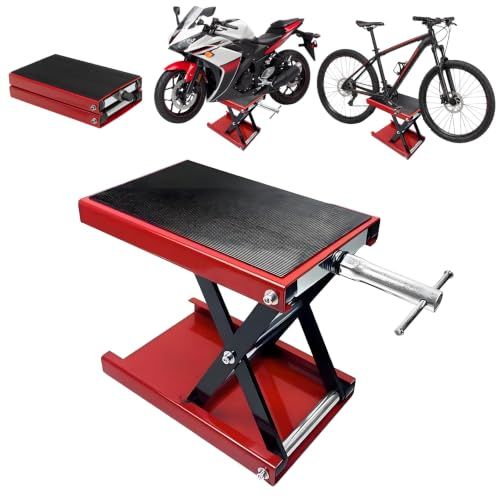 バイクジャッキ 耐荷重500kg バイクリフト ゴムマット仕様 ハンドル付き 高さ90～360mm 天板360mm×230mm レッド | 大型モーターサイクル対応,バイクスタンド,タイヤ交換 メンテナンス用pms 010de5da 7,736円