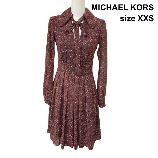◆ マイケルコース MICHAEL KORS ボウタイワンピース ワイドスプレッドカラー 長袖 ミモレ丈 小花柄 赤系他 XXS 5号 レディース Z6D192