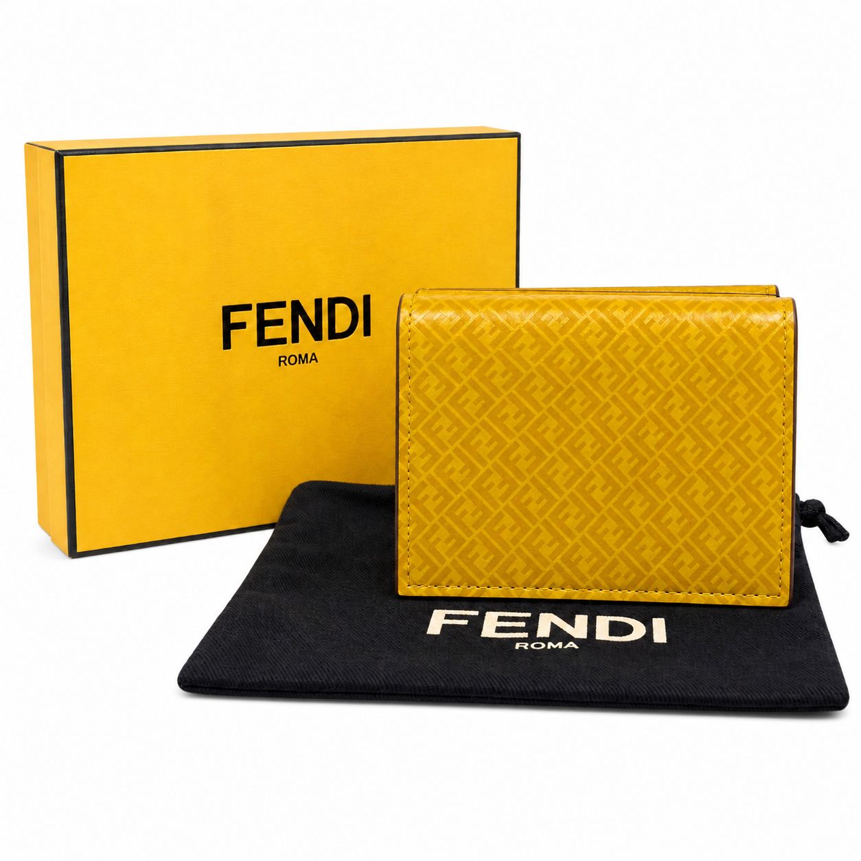 【極美品】FENDI フェンディ FFロゴ コンパクウォレット 三つ折り財布 7M0280 カーフレザー 牛革 イエロー 男女兼用 ユニセックス 小物 ミニ財布 当店基準真贋確認済