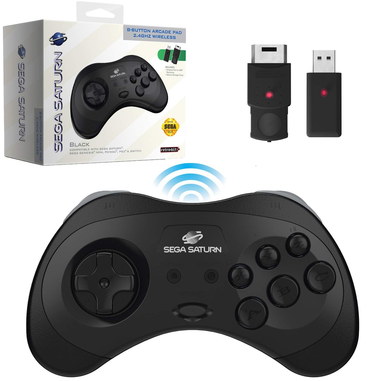 Retro-Bit 公式 Sega Saturn 2.4 GHz ワイヤレスコントローラー Sega Saturn/Sega Genesis Mini/Switch/PS3/PC/Mac用 - レシーバー2個&収納ケース付き (ブラック)