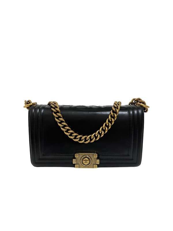 CHANEL　シャネル　A67086　ボーイシャネル　チェーンショルダーバッグ　ブラック系　アンティーク　ゴールド金具　カーフスキン　レザー　斜め掛け【LVU25011900】 129,000円