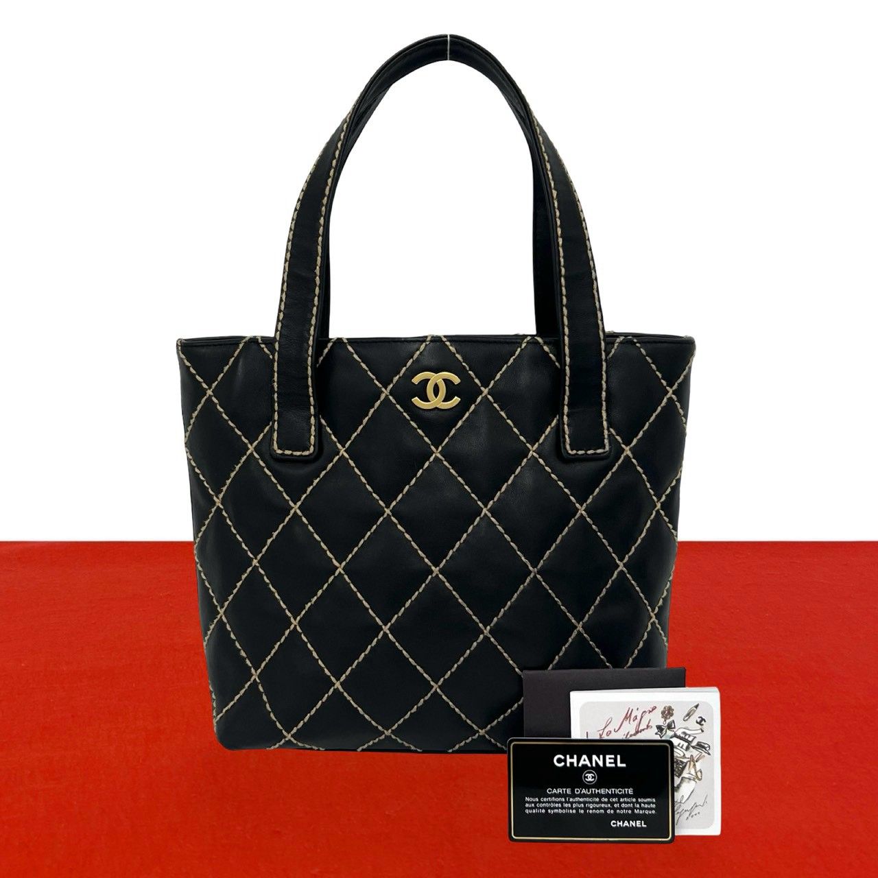 極 美品 カード シール有 8番台 CHANEL シャネル ココマーク ワイルドステッチ レザー 本革 ハンドバッグ ミニ トートバッグ 黒 16135 129,200円