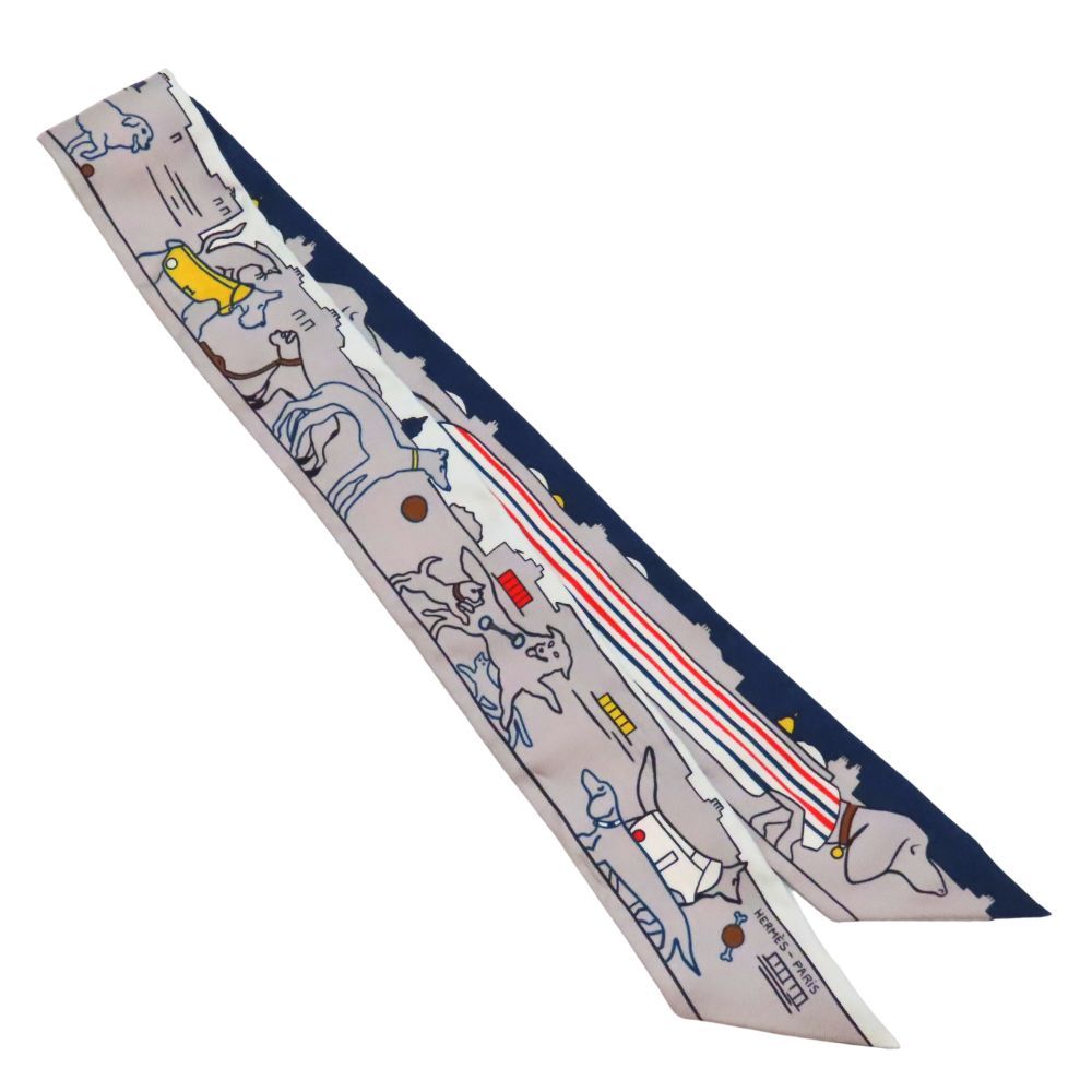 【中古】HERMES エルメス ツイリー パリジャンの犬 パールグレー×ブルー×イエロー バッグアクセサリー シルク スカーフ バッグ用スカーフ リボン A2603091【無料ギフトラッピング承ります】