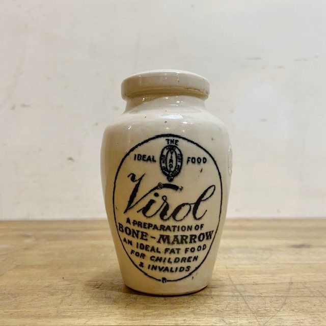 イギリス 英国 アンティーク 陶器 瓶 Virol 一輪挿し ディスプレイ キッチン雑貨 コレクション ヴィンテージ 店舗備品【B6412】