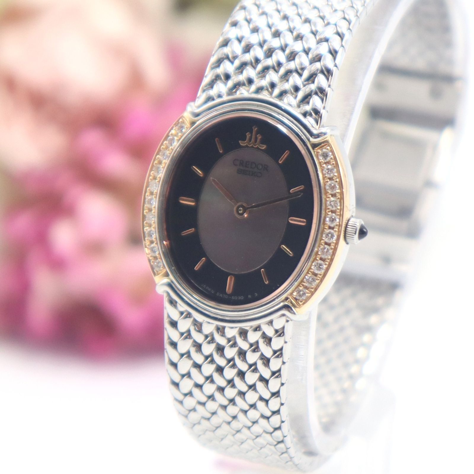 電池新品 セイコー クレドール シグノ 5A70-3000 クォーツ 18KT+SS 20Pダイヤ センターシェル文字盤 レディース