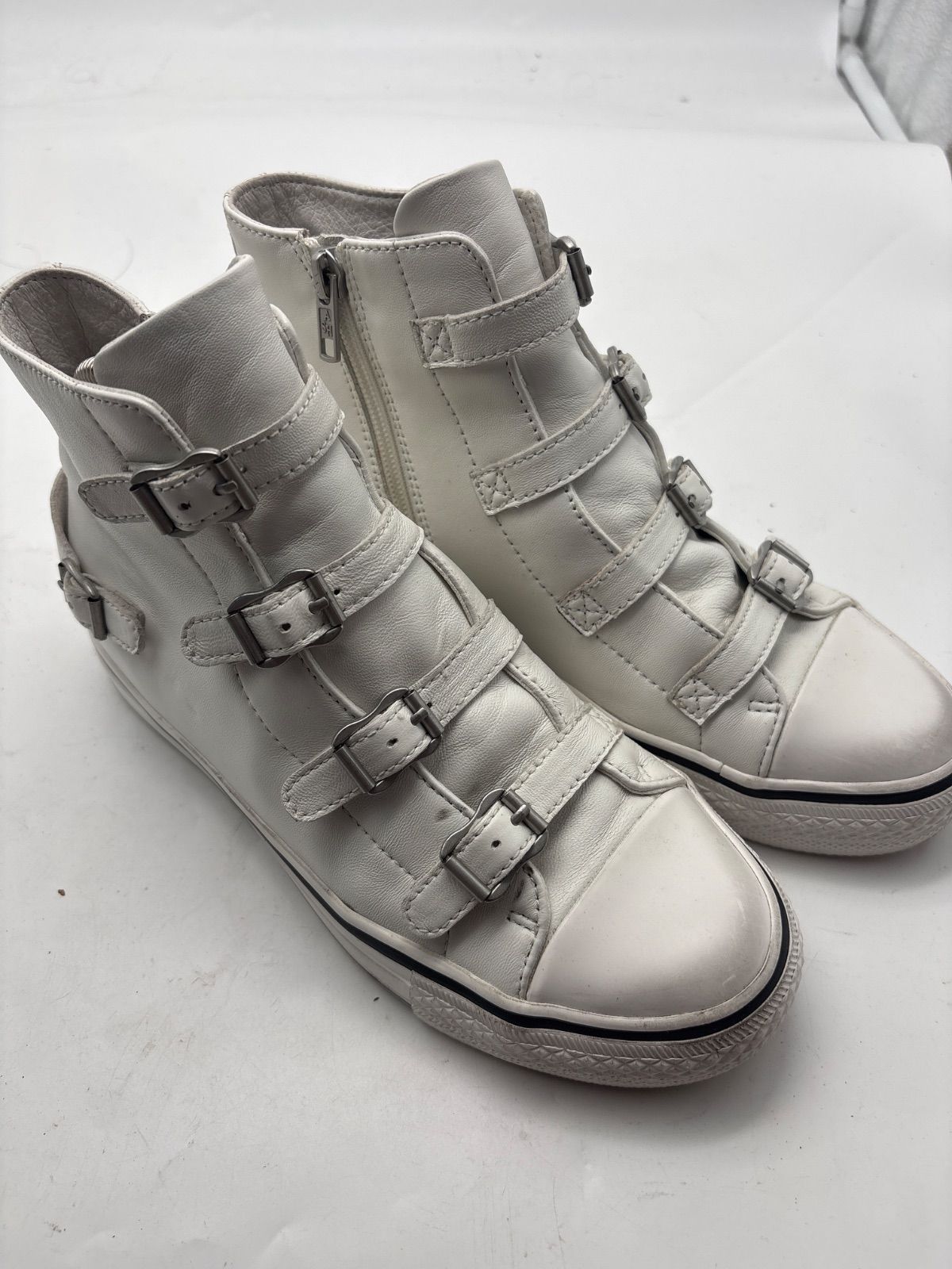 ASH Ash High Top Sneakers 38 White Leather 4 Strand Buckles Side Zip
