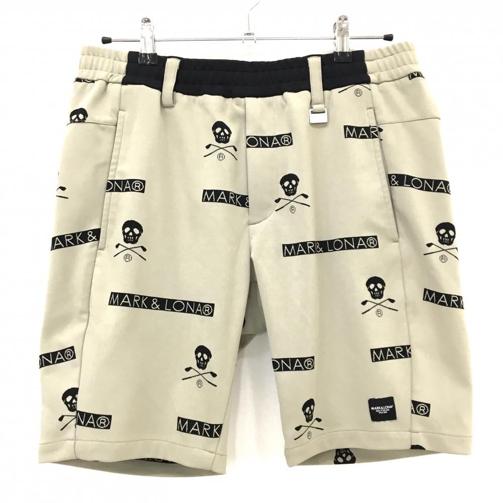 【美品】マークアンドロナ ハーフパンツ スモーキーグリーン系×黒 総柄 ウエストゴム・調整紐 メンズ 48(L) ゴルフウェア MARK＆LONA