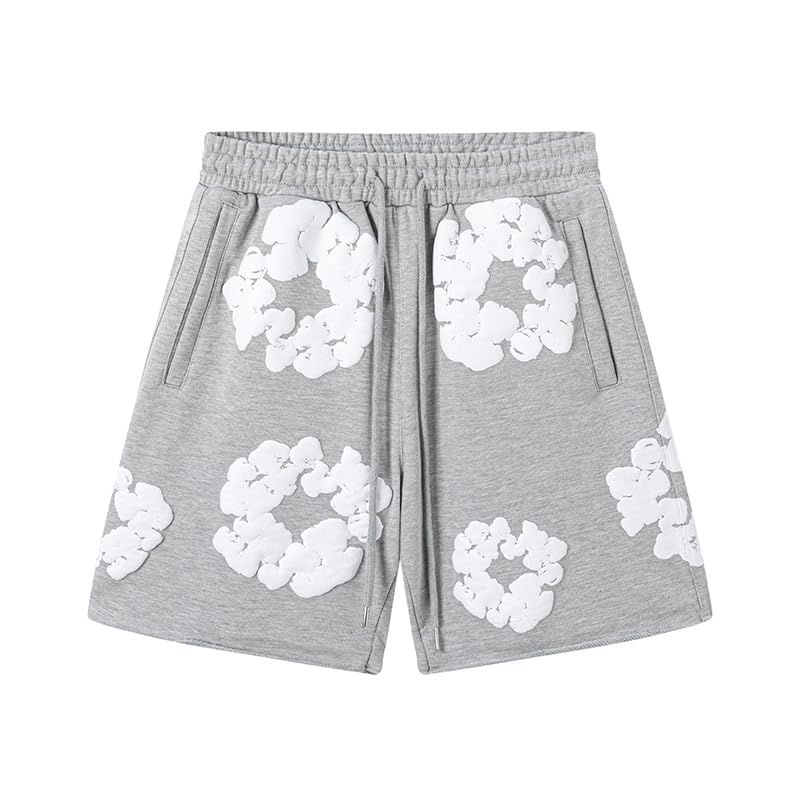 ショートパンツ 夏用 フラワープリント ストレッチウエスト 軽量涼感 マルチカラー ユニセックス (JP, アルファベット, S, グレー) [並行輸入品]