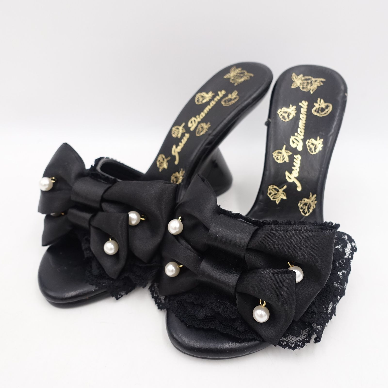 Jesus Diamante 黒 リボンパールミュール JESUS DIAMANTE パールレース サテンリボン ミュール S/22.5cm相当