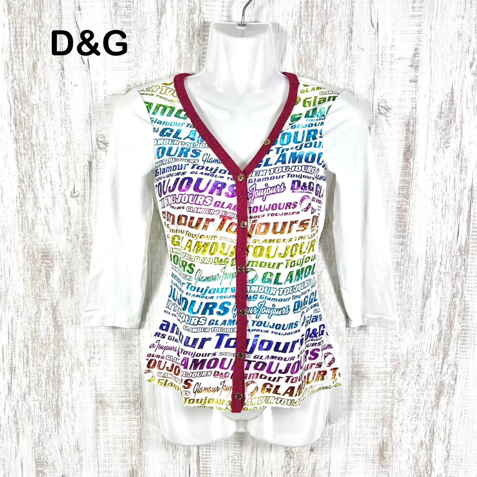 00s D&G DOLCE&GABBANA ドルチェアンドガッバーナ レインボーロゴプリント Vネックカットソー ホワイト y2k GAL 平成ギャル