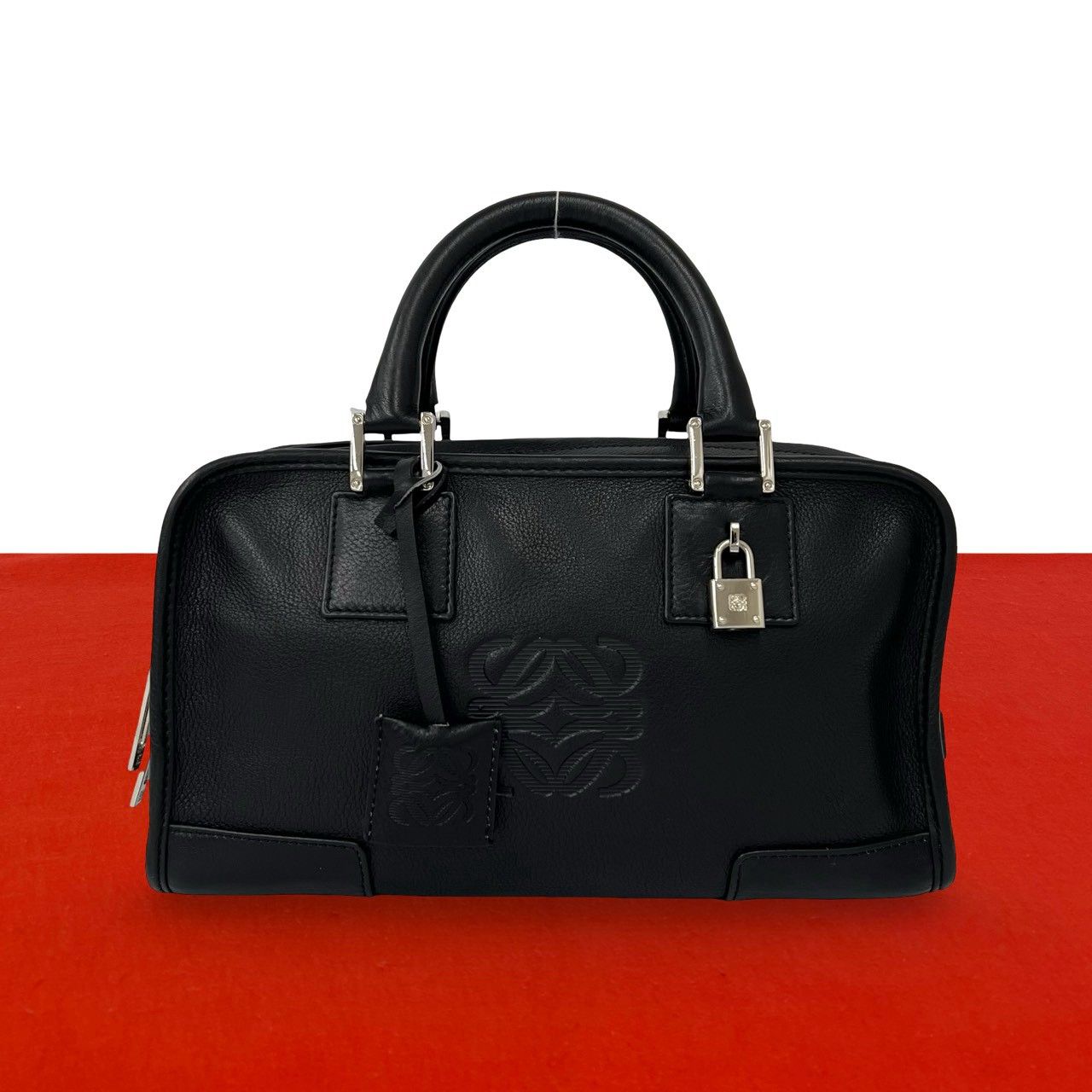 極 美品 鍵付き LOEWE ロエベ アマソナ 28 アナグラム ロゴ 刻印 レザー 本革 ハンドバッグ ミニ ボストンバッグ ブラック 黒 35280