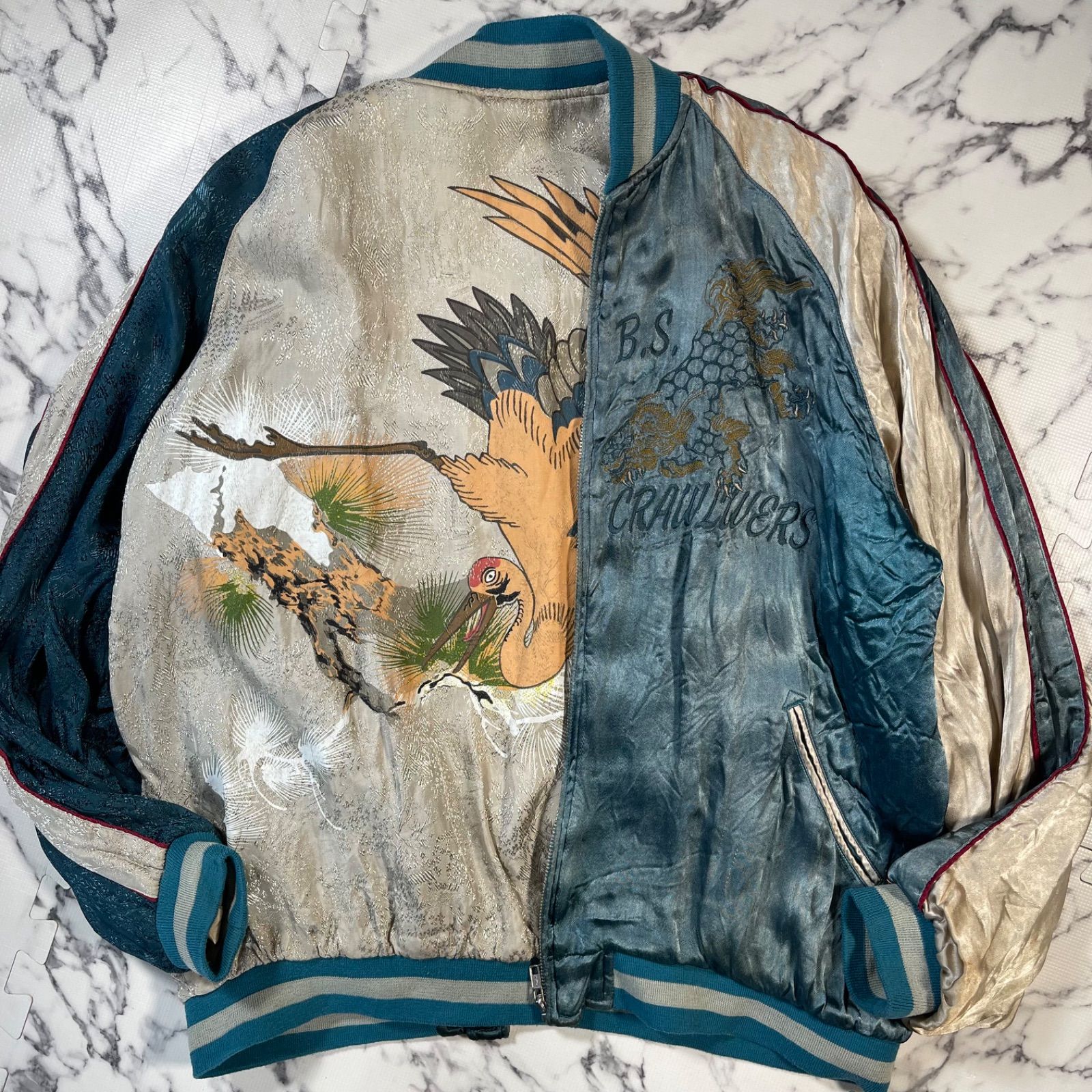 ヴィンテージ リバーシブル スカジャン 鶴 富士山 龍 刺繍 サテン 和柄