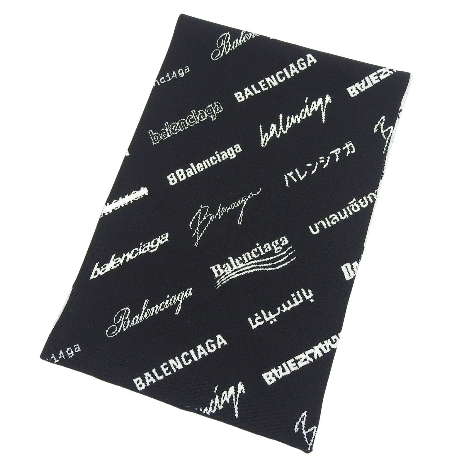 未使用品▲BALENCIAGA バレンシアガ 2022年製 724701 LOGOMANIA ALL OVER ウール リバーシブル マフラー ブラック ホワイト 正規品 メンズ
