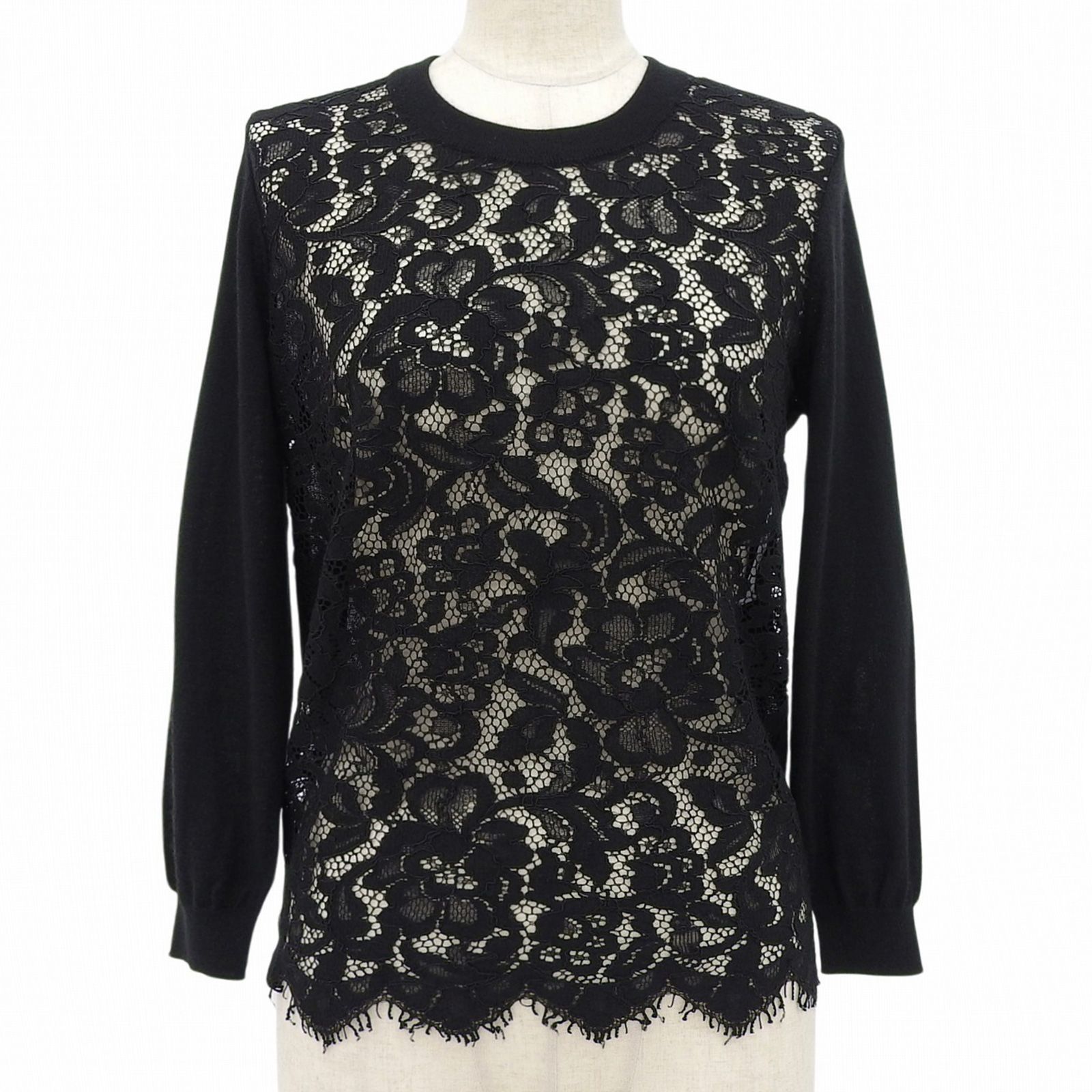 極美品▲DOLCE&GABBANA ドルチェ＆ガッバーナ カシミヤ シルク混 レース カットソー トップス ブラック 38 イタリア製 正規品 レディース 18,744円