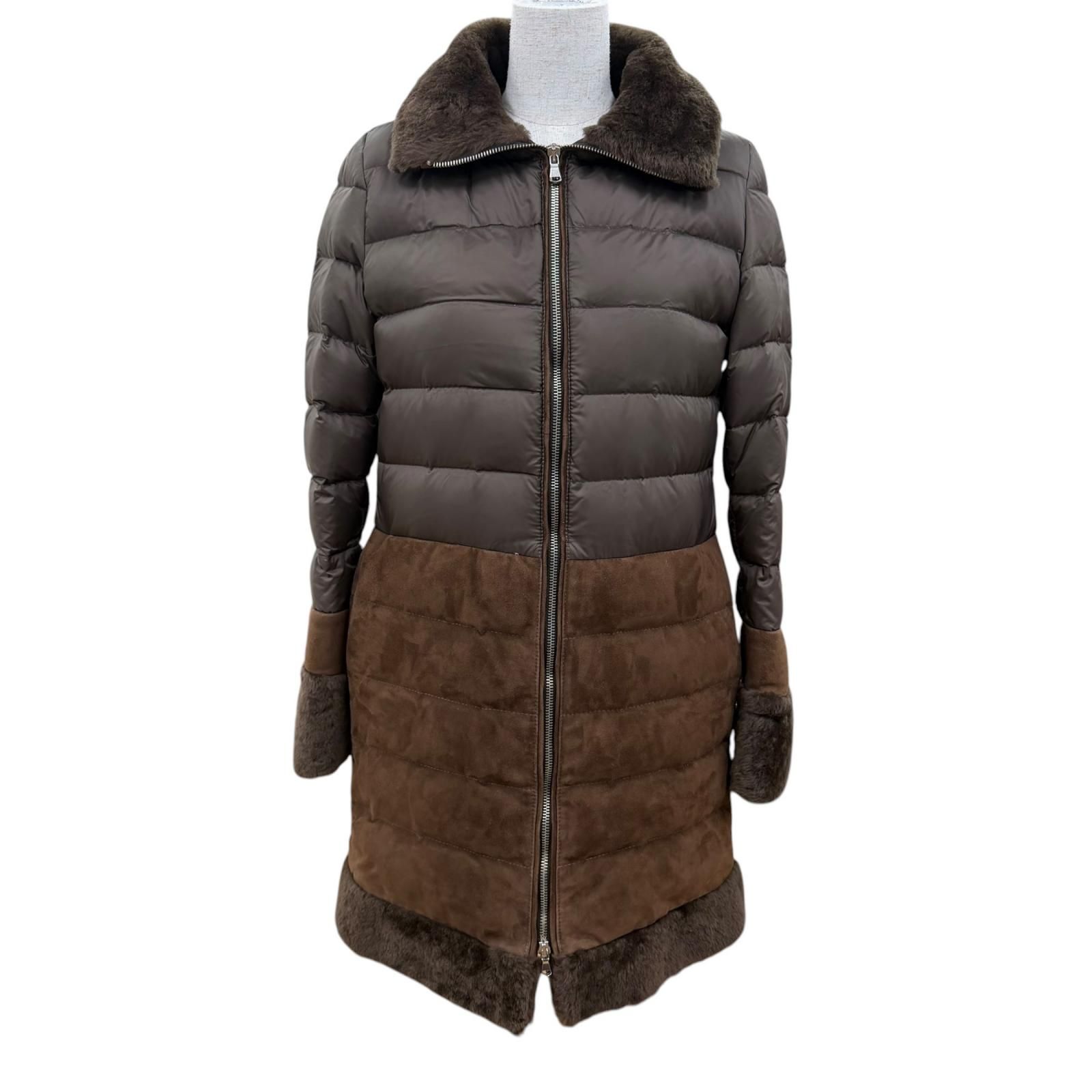 美品☆EMMETI エンメティ ファー付 ZIP UP ロング丈 ムートン切替 ダウンコート ムートンコート ブラウン 38 イタリア製 レディース 25,200円