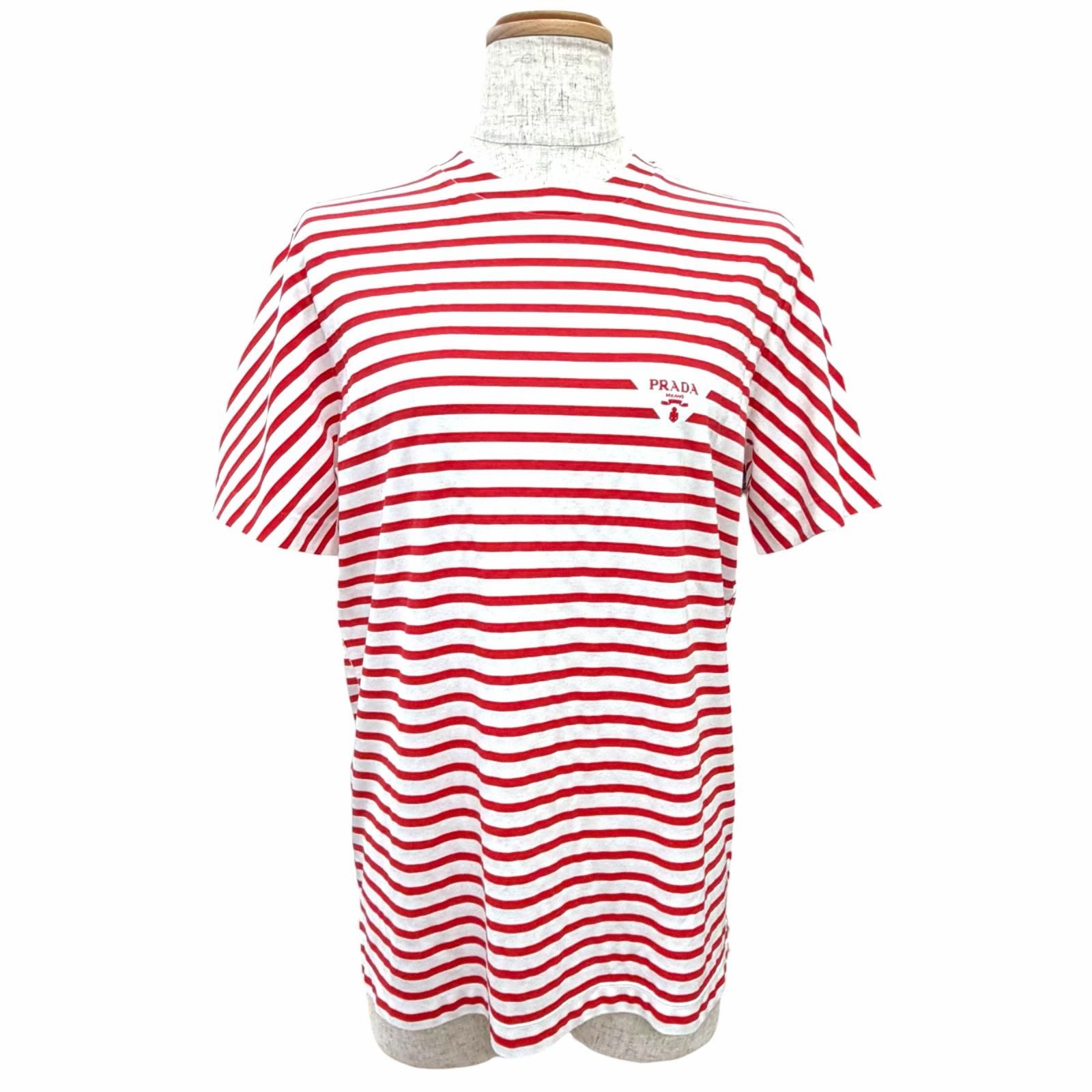 未使用品△PRADA プラダ 3590A S221 103D コットン100％ トライアングルロゴ ボーダー クルーネック 半袖Ｔシャツ 赤 白 XS 伊製 正規品