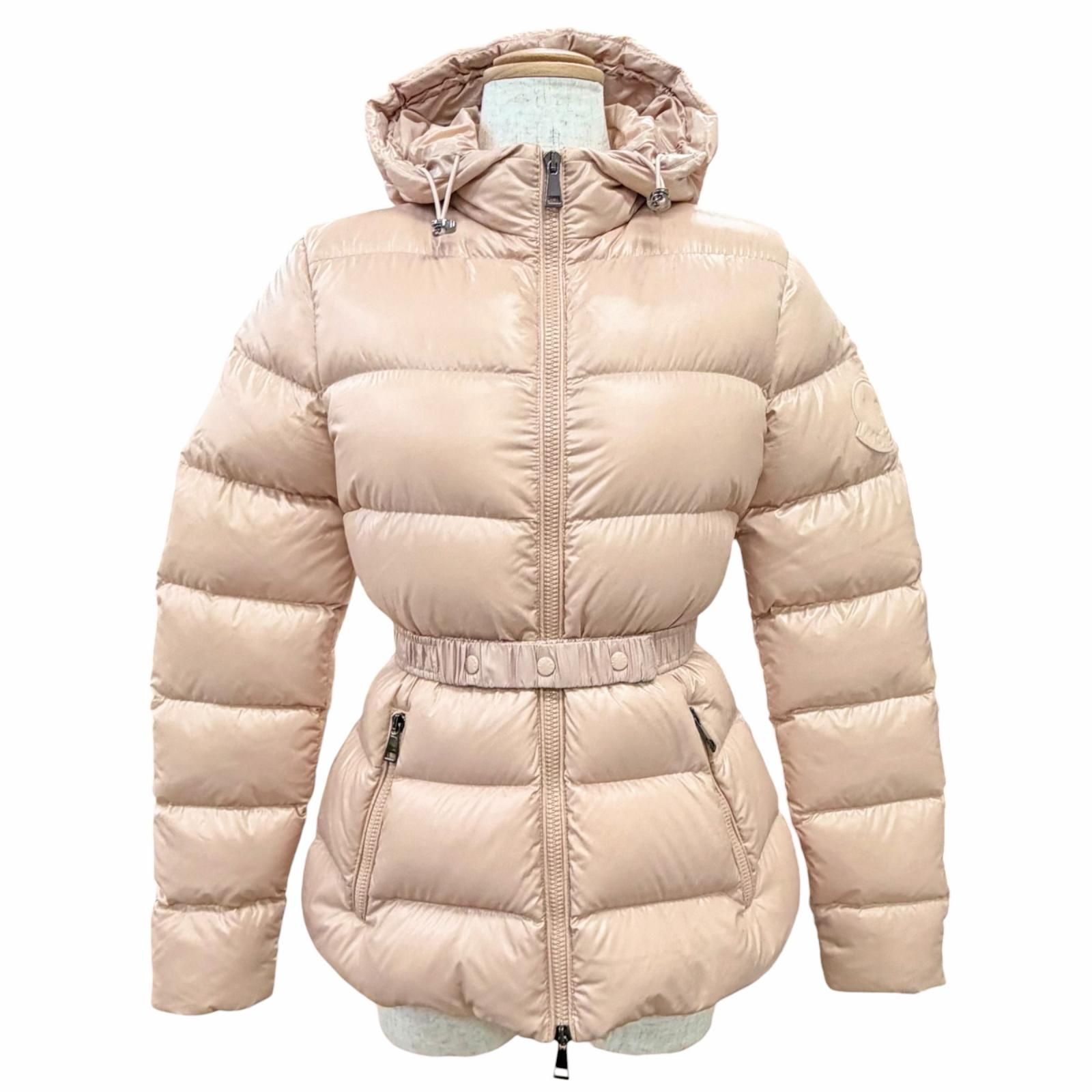 極美品△MONCLER モンクレール RHIN ロゴパッチ付き ベルト付き フーデット ダウンジャケット ピンクベージュ系 00 正規品 ハンガー付き