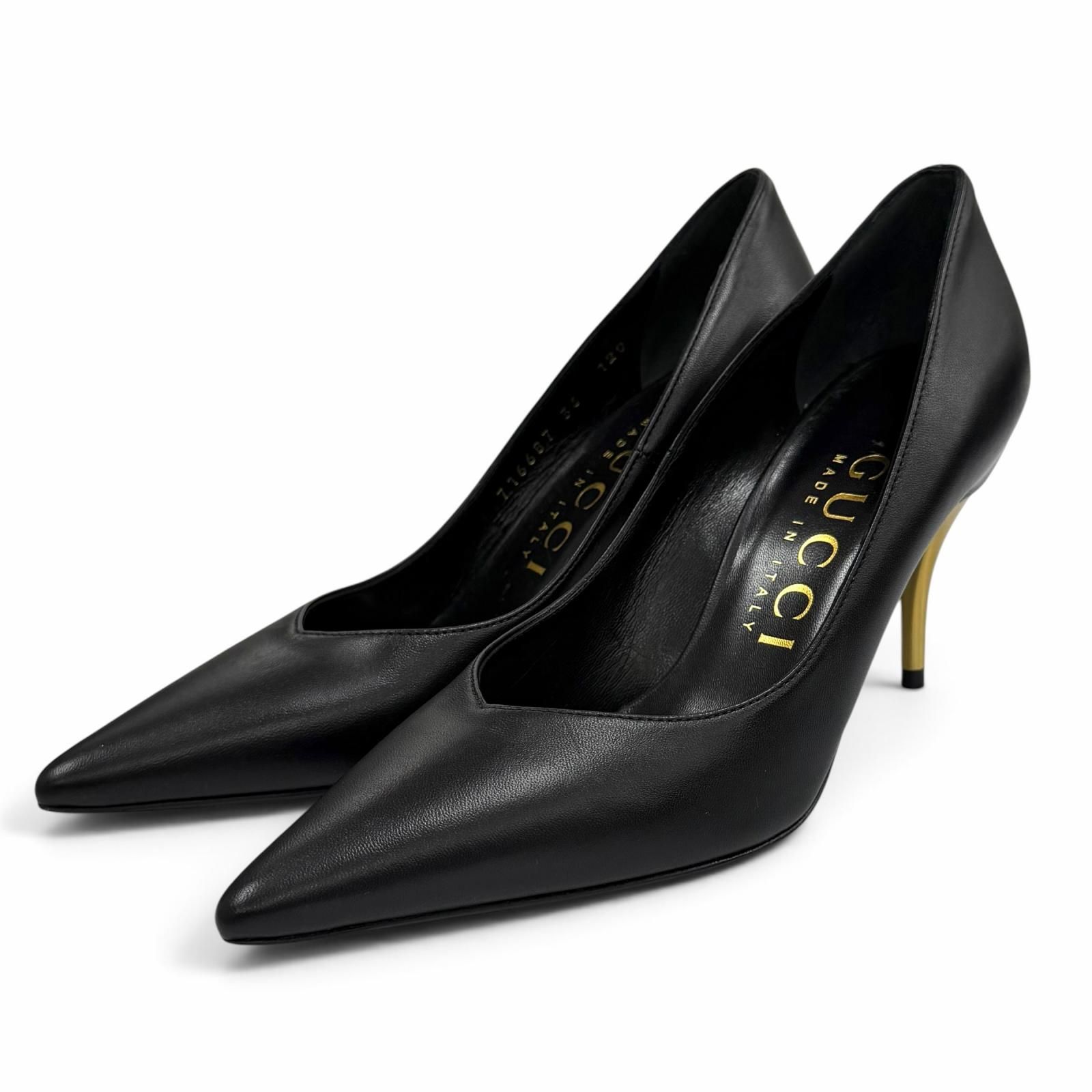 未使用品★GUCCI グッチ 716687 ポインテッドトゥ ピンヒール レザー パンプス ブラック ゴールド 36 イタリア製 箱・保存袋付き