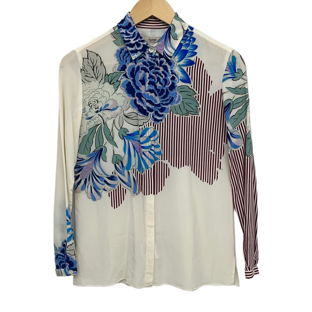 ETRO(エトロ) 長袖シャツブラウス サイズ38 S レディース美品 - 白×ネイビー×マルチ シルク/花柄