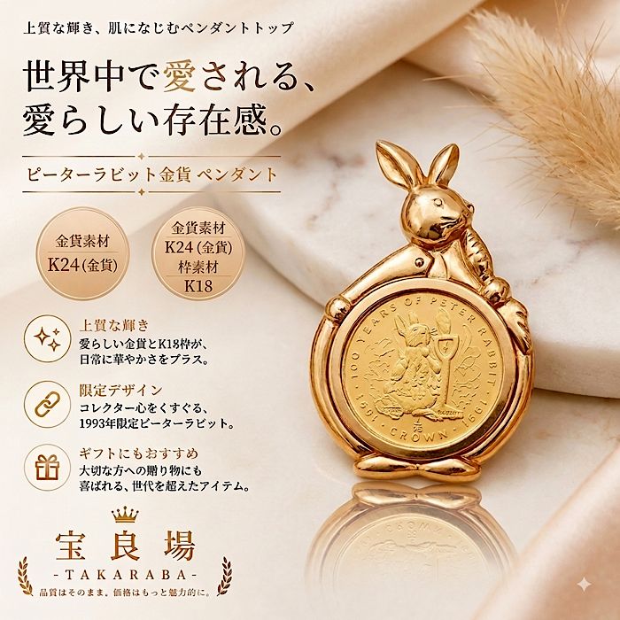 激レア ピーターラビット ペンダントトップ 金貨 1993年 1/25オンス コレクション ジブラルタル エリザベス 記念金貨 コイントップ K24 ゴールド