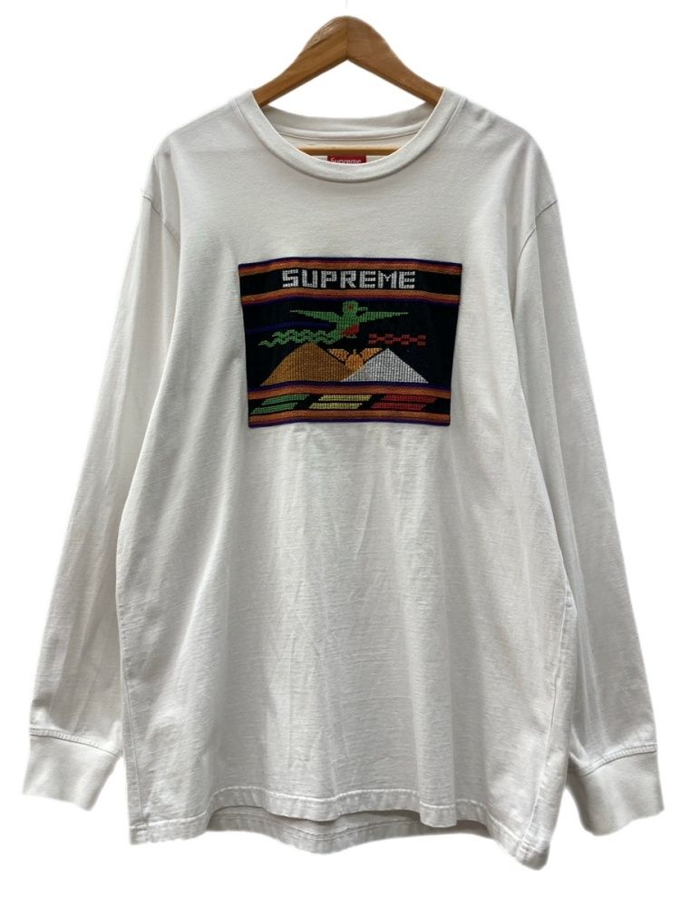 シュプリーム SUPREME 19SS Needlepoint Patch L/S Top ニードルポイント パッチ ロングスリーブ トップ ロンT 刺繍 長袖 白 ロンT ロゴ ホワイト XLサイズ 104MT-3620